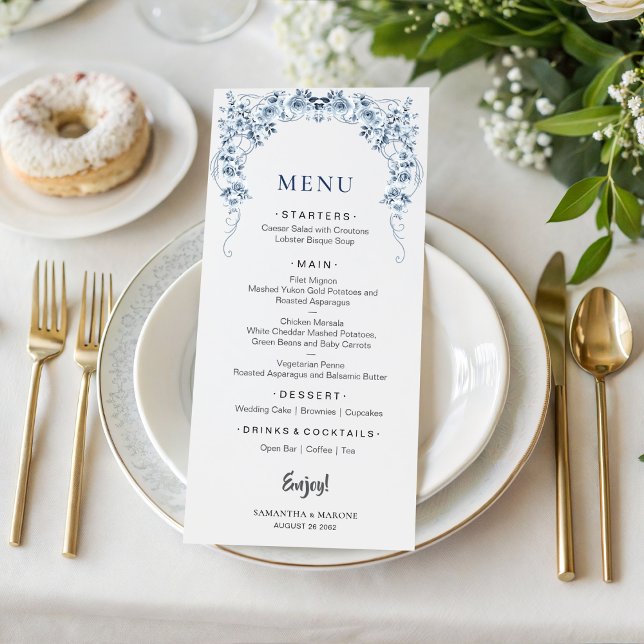 Dusty Blue Floral Wedding Menu | Elegant Bow Roses Meny (Skapare uppladdad)