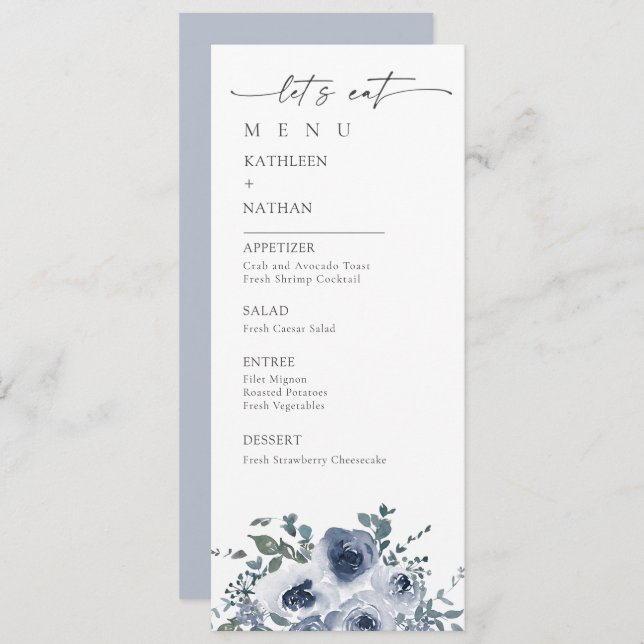 Dusty Blue Floral Wedding Menu Meny (Fram/baksida)