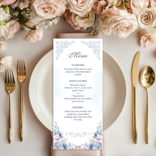 Dusty Blue Floral Wedding Menu Meny (Skapare uppladdad)