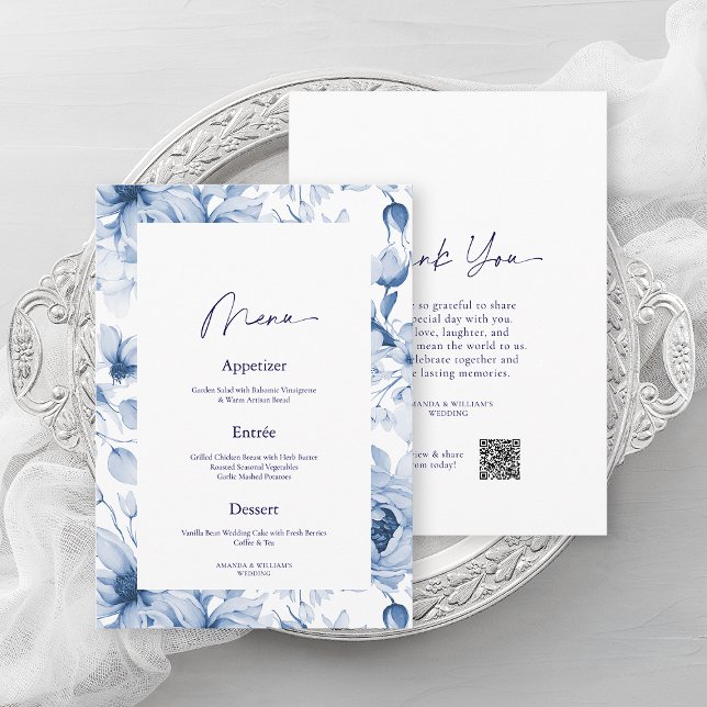 Dusty Blue Floral Wedding Menu & Thank You Card Inbjudningar (Skapare uppladdad)