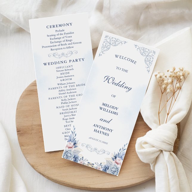Dusty Blue Floral Wedding Program Fan (Skapare uppladdad)