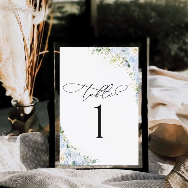 Dusty Blue Floral Wedding Table Number Card (Skapare uppladdad)