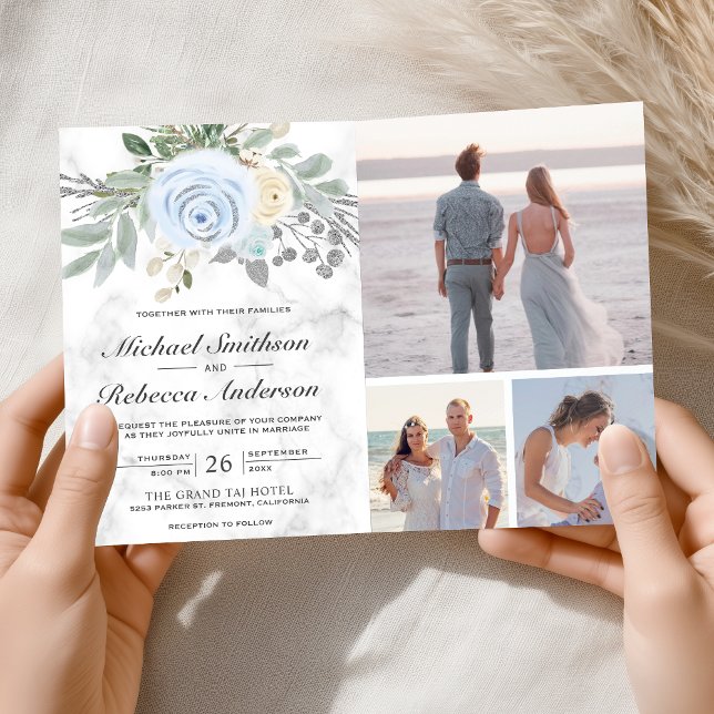Dusty Blue Floral White Marble QR Code Wedding Inbjudan (Skapare uppladdad)