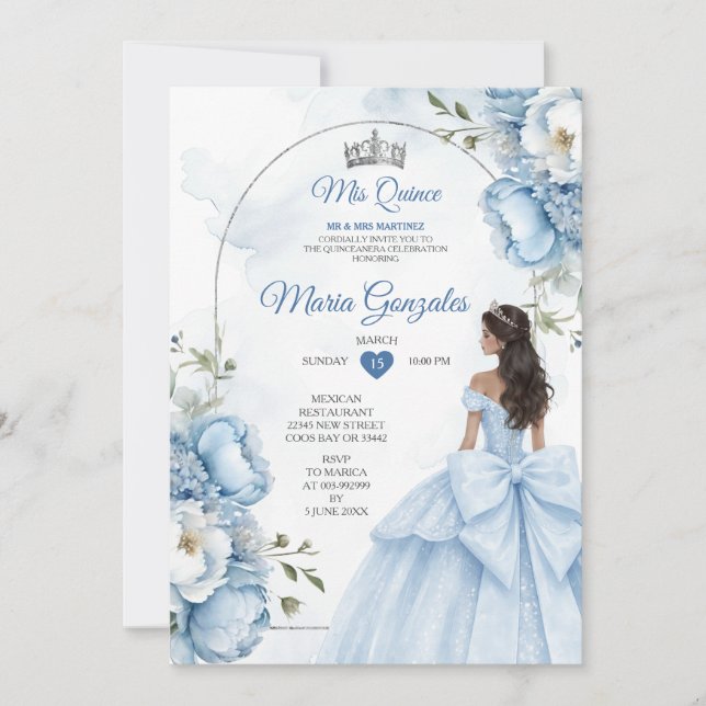 Dusty Blue Floral XV Birthday Invite with Crown Inbjudningar (Framsida)