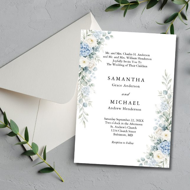 Dusty Blue Florals Both Parents Names Wedding Inbjudningar (Dusty blue, cream and white watercolor florals elegant traditional wedding invitation)