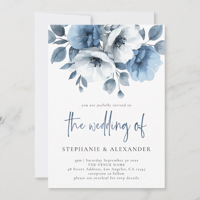 Dusty Blue Florals Script QR Code Wedding Inbjudningar (Framsida)