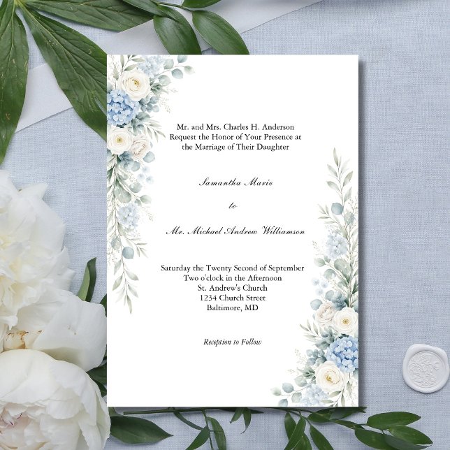 Dusty Blue Florals Traditional Church Wedding Inbjudningar (Dusty Blue Cream Florals Watercolor Flowers Traditional Classic Church Wedding Invitation)