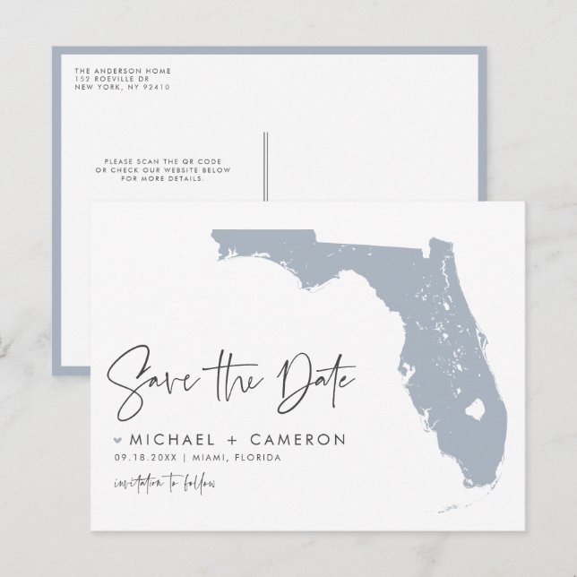Dusty Blue Florida Karta QR-kod Spara datum Meddelande Vykort (Fram/baksida)