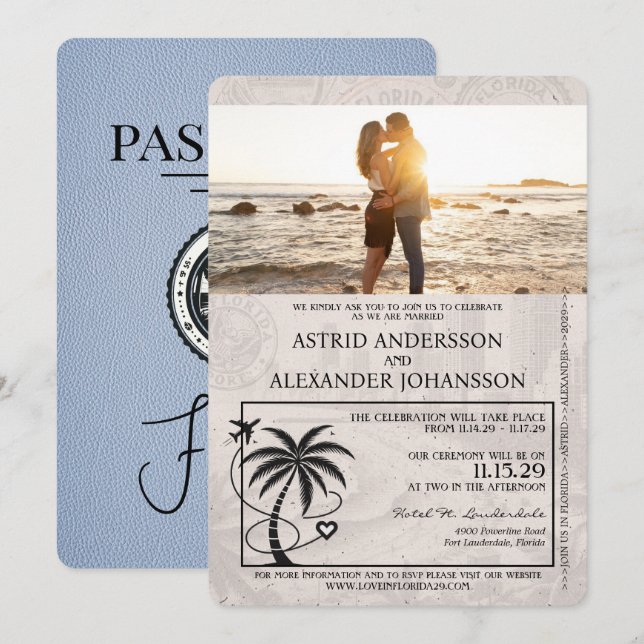 Dusty Blue Florida Passport Wedbjudande Inbjudningar (Fram/baksida)