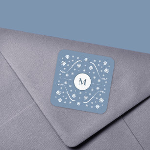 Dusty Blue Flower Power Monogram Sticker Fyrkantigt Klistermärke