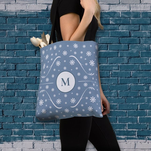 Dusty Blue Flower Power Monogram Tote Bag Tygkasse (Dusty Blue Flower Power Monogram Tote Bag)