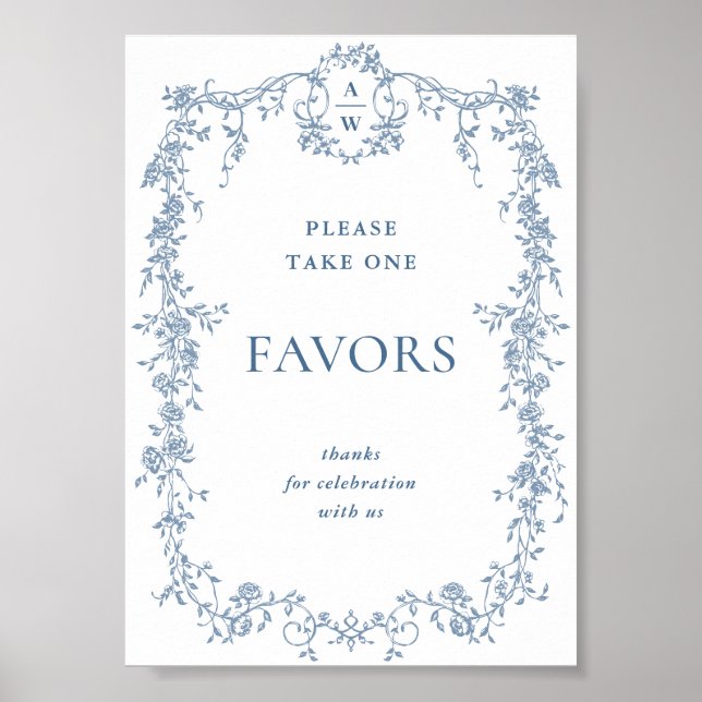 Dusty Blue Flower Victorian Favors Bröllop-tecken Poster (Framsidan)