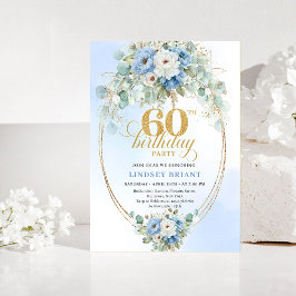 Dusty Blue Flowers Gold 60th Birthday Invitation Inbjudningar
