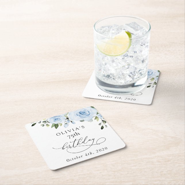 Dusty Blue Flowers, Greenery, Boho, Birthday Underlägg Papper Kvadrat (Insitu)