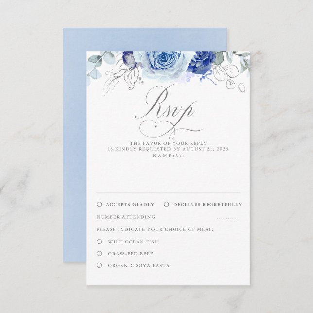 Dusty Blue Flowers Wedding RSVP OSA Kort (Fram/baksida)