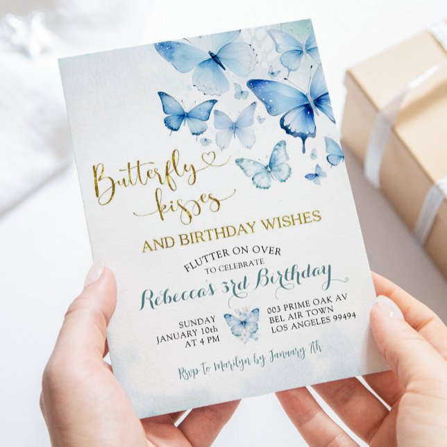 Dusty Blue Flutter on Over Butterfly Birthday Inbjudningar (Skapare uppladdad)