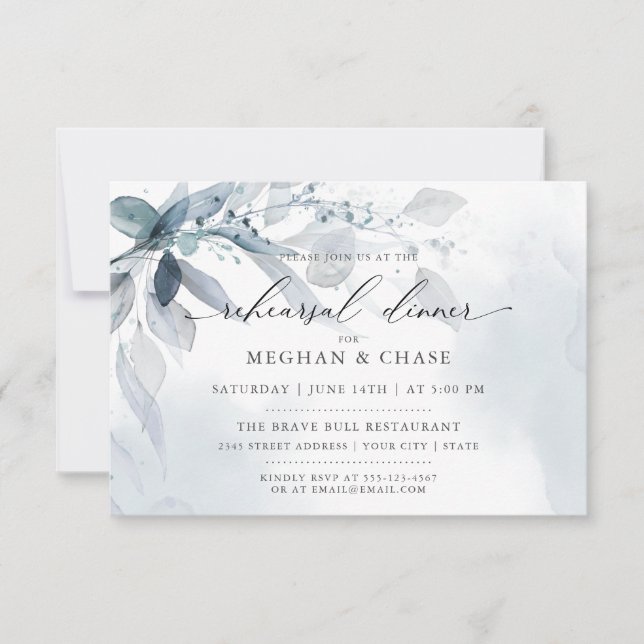 Dusty Blue Foliage Watercolor Rehearsal Dinner Inbjudningar (Framsida)