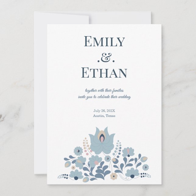 Dusty Blue Folk Floral Wedding Invitation Inbjudningar (Framsida)