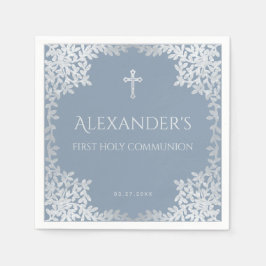 Dusty Blue Första Kommunion Elegant Pojke Går iväg Pappersservett