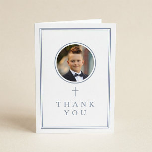 Dusty Blue Foto Pojke Första Kommunion Tack Kort