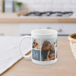 Dusty Blue | Fotokollage för monogram rutnät Kaffemugg<br><div class="desc">Med den här enkla personligen av fotot i mugg får du 6 av dina favoriter framför och mitt,  tillsammans med ett första monogram på vardera sidan. Anpassa med sex fyrkantiga foton av vänner,  barn,  barnbarn,  husdjur eller din favoritfilm ställen,  med din första vita skrift på en dammig blå kvadrat.</div>