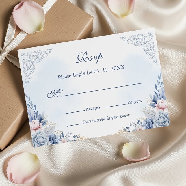 Dusty Blue French Garden Floral Wedding RSVP OSA Kort (Skapare uppladdad)