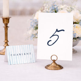 Dusty Blue French Stripe Wedding Table Number 5 Inbjudningar
