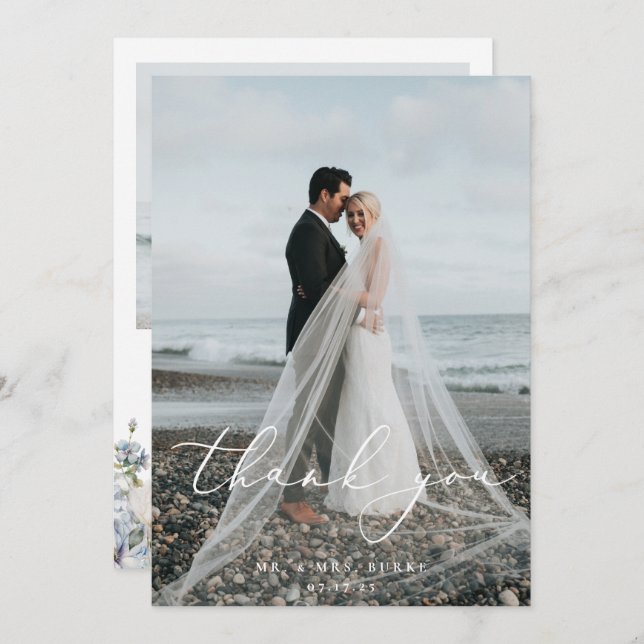 Dusty Blue Garden Blommigt Bröllop Photo Tack Kort (Fram/baksida)