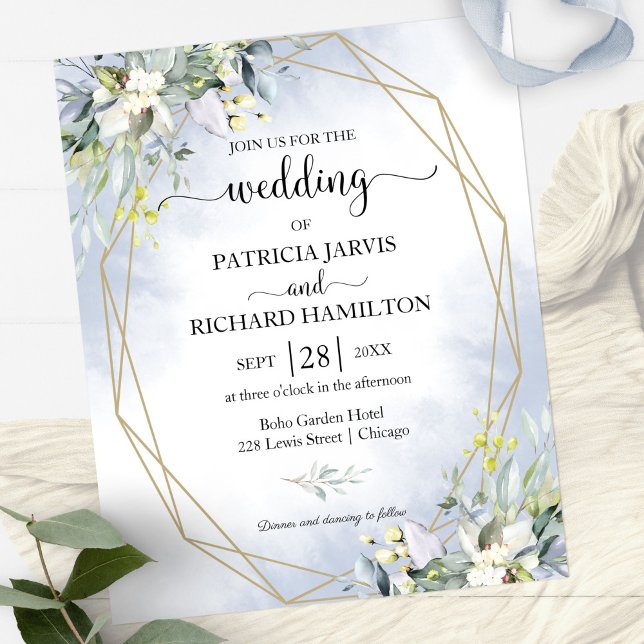 Dusty Blue Geometric Budget Wedding-inbjudan (Skapare uppladdad)