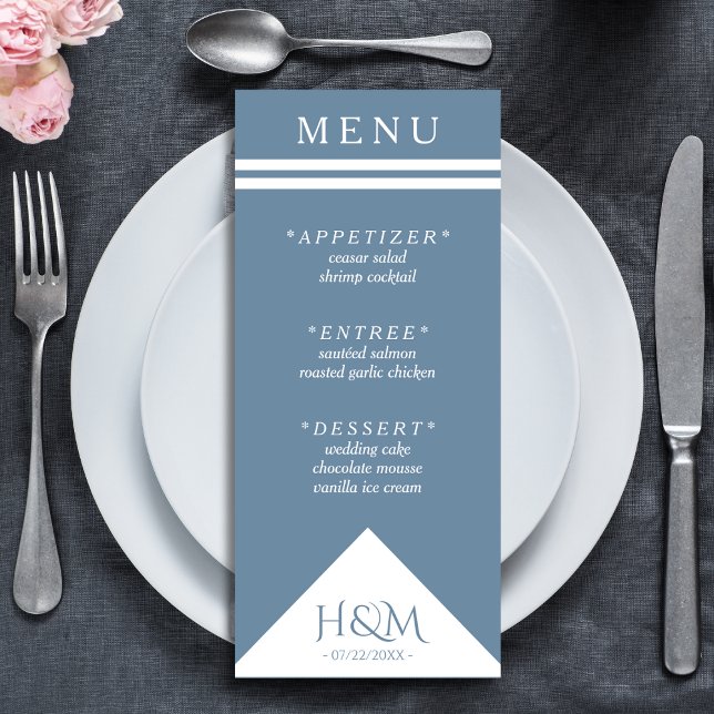 Dusty Blue Geometric Rand Wedding Reception Meny (dusty blue wedding menu)