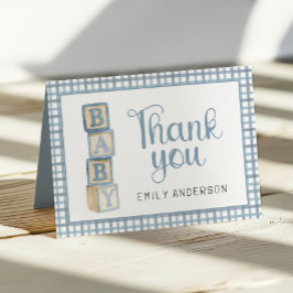 Dusty Blue Gingham Baby Thank You Card | Blocks Tack Kort