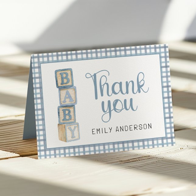 Dusty Blue Gingham Baby Thank You Card | Blocks Tack Kort (Thank You Card)
