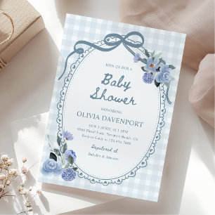 Dusty Blue Gingham Blommig Vintage Pojk Babyshower Inbjudningar