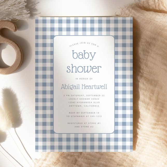 Dusty Blue Gingham Check Baby Shower Inbjudningar (Skapare uppladdad)