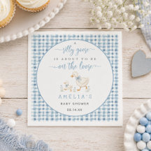 Dusty Blue Gingham Silly Goose Pojke Bebis Shower