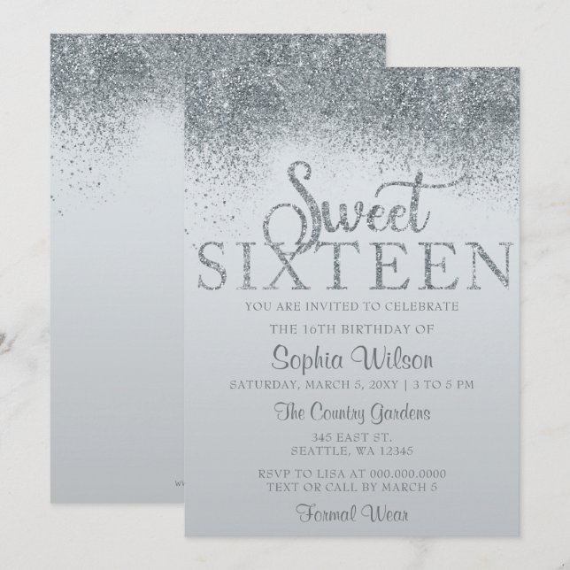 Dusty Blue Glitter Gnistra Sweet 16 Birthday Inbjudningar (Fram/baksida)