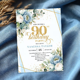 Dusty blue gold botanicals frame 90th birthday inbjudningar
