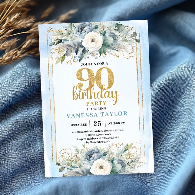 Dusty Blue Gold Frame Modern 90th Birthday Invite Inbjudningar (Dusty Blue Gold Frame Modern 90th Birthday Invite)