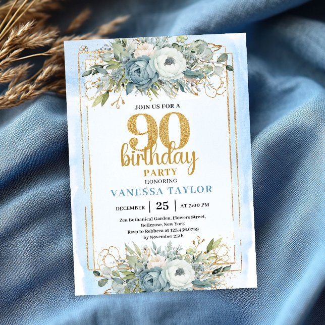 Dusty Blue Gold Sparkle Elegant 90th Birthday  Inbjudningar (Dusty Blue Gold Sparkle Elegant 90th Birthday Invite)