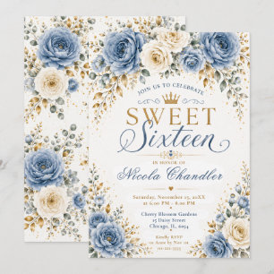 Dusty Blue Gold Sweet Sixteen Inbjudningar
