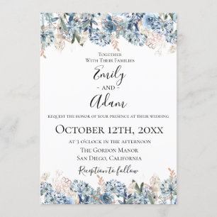 Dusty Blue Golden Botanical Wedding bjudande Inbjudningar