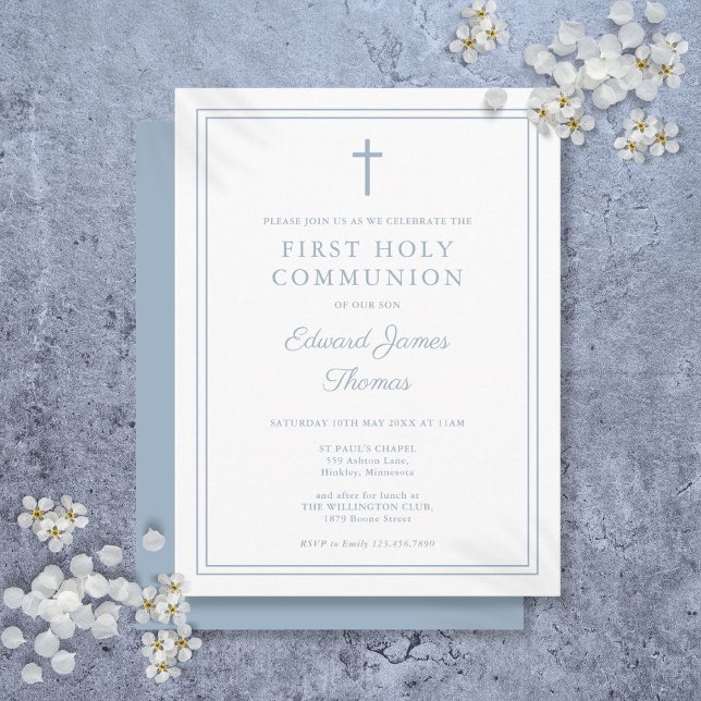 Dusty Blue Gräns First Heliga Communion-inbjudan Vykort (Dusty Blue Border First Holy Communion Invitation Postcard)