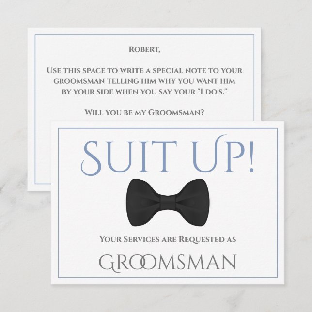 Dusty Blue & Grått be my Groomsman Roligt Bow Tie Kort (Fram/baksida)