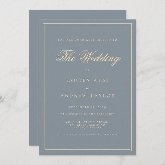 Dusty Blue Grått Guld Modern minimalistisk Bröllop Inbjudningar (Fram/baksida)