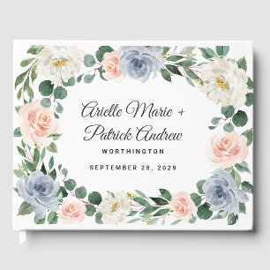 Dusty Blue Grått  Rosa Peach Blommigt Bröllop Gästböcker