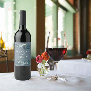 Dusty Blue Grått Winter Blommigt Bröllop Vinflaska Etikett