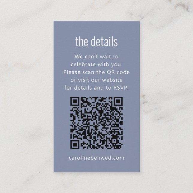 Dusty Blue Gray Modern Minimal Bröllopsdetaljer QR Tilläggskort (Framsida)