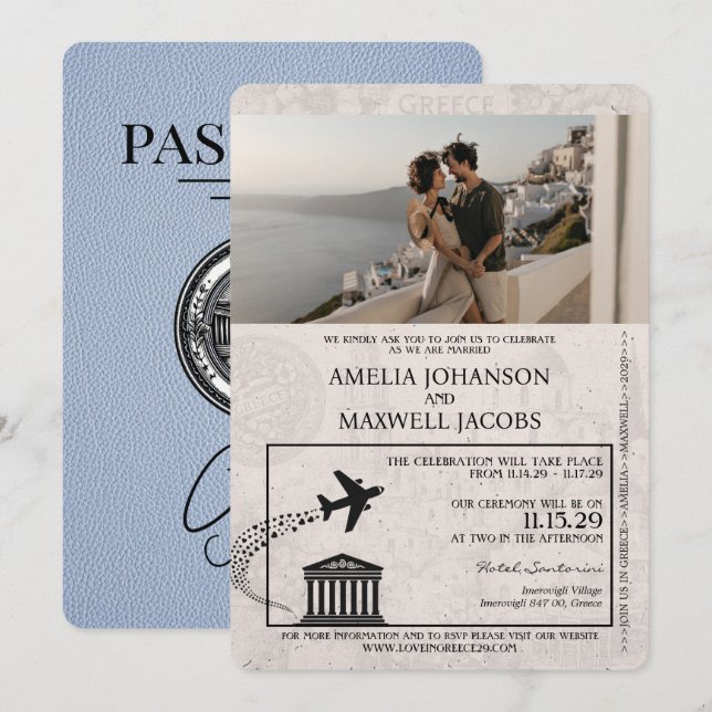 Dusty Blue Greece Passport bröllopsinbjudan Inbjudningar (Fram/baksida)