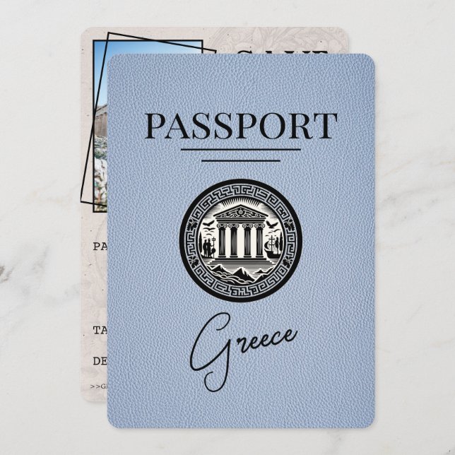 Dusty Blue Greece Passport Save Date Card Spara Datumet (Fram/baksida)