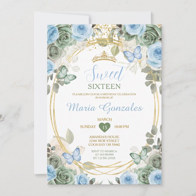 Dusty Blue & Green Floral Butterfly Sweet Sixteen Inbjudningar (Framsida)